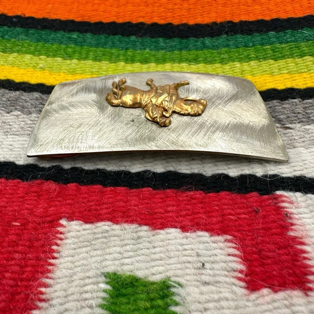 VTG Nickel Silver Brushed Belt Buckle Gold Cowboy Tone Horse Rider Western